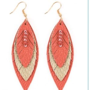 Coral and gold layered beaded earrings